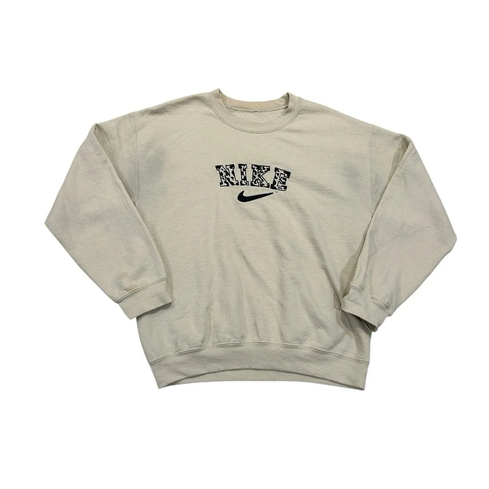 Nike Women's Sweatshirt Size Large Beige Cow Embroidery Spellout Center Swoosh